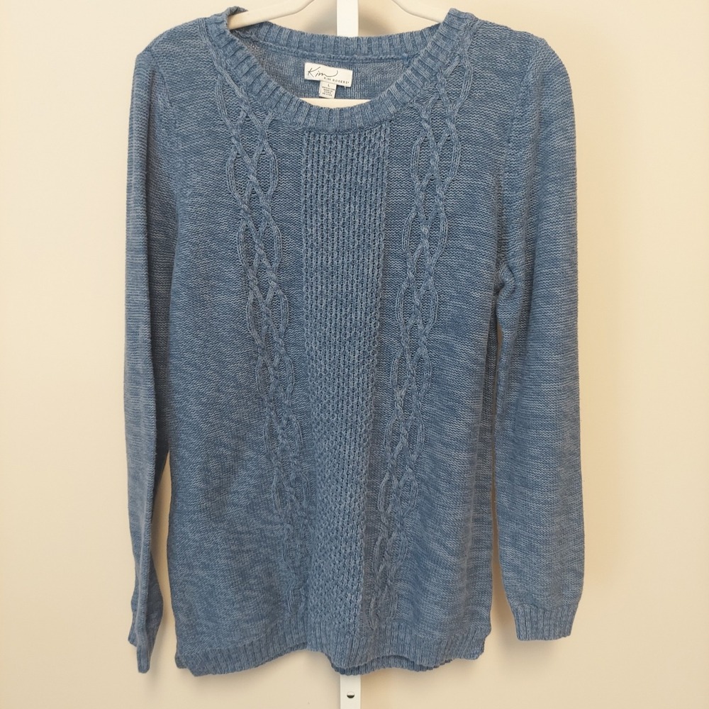 Kim Rogers Blue Cotton Cable Knit Crew Neck Sweater L Coastal Nautical Preppy